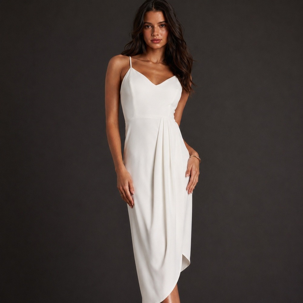 Lulus Reinette White Midi Dress V-Neck Tulip Skirt Bridal Cocktail XS